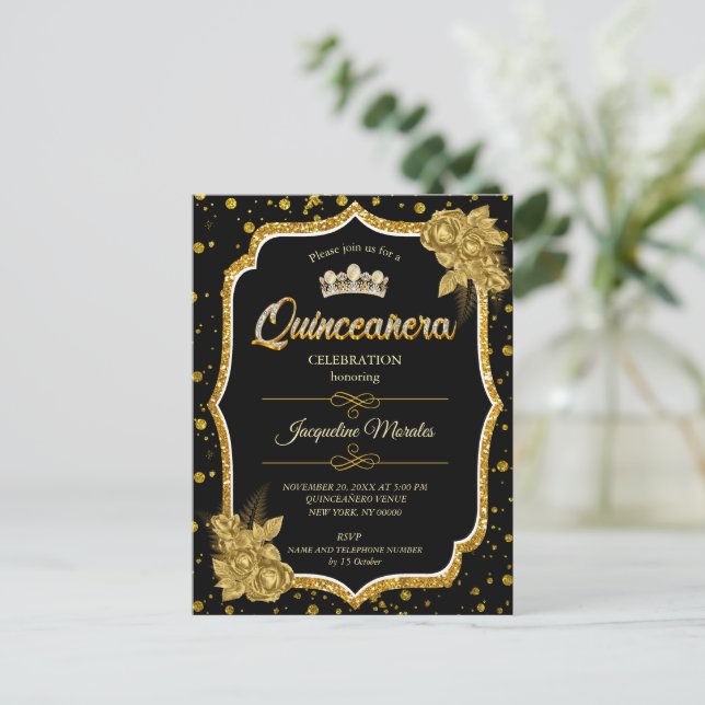 Black Gold & White Quinceañera Birthday Invitation Postcard (Standing Front)