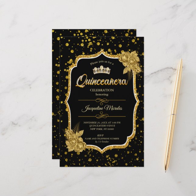 Black Gold & White Quinceañera Birthday Invitation Stationery (Front/Back In Situ)