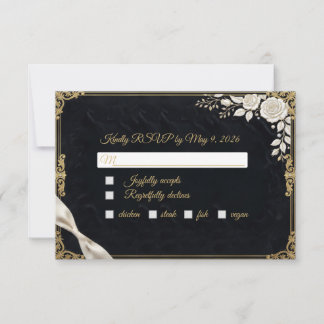Black Gold White Rose Luxury Elegant Formal RSVP Card