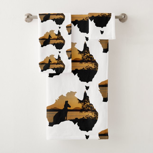 Black, Gold & White Sunset Kangaroo Tree Australia Bath Towel Set (Insitu)