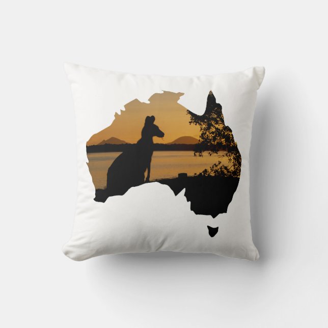Black, Gold & White Sunset Kangaroo Tree Australia Cushion (Front)