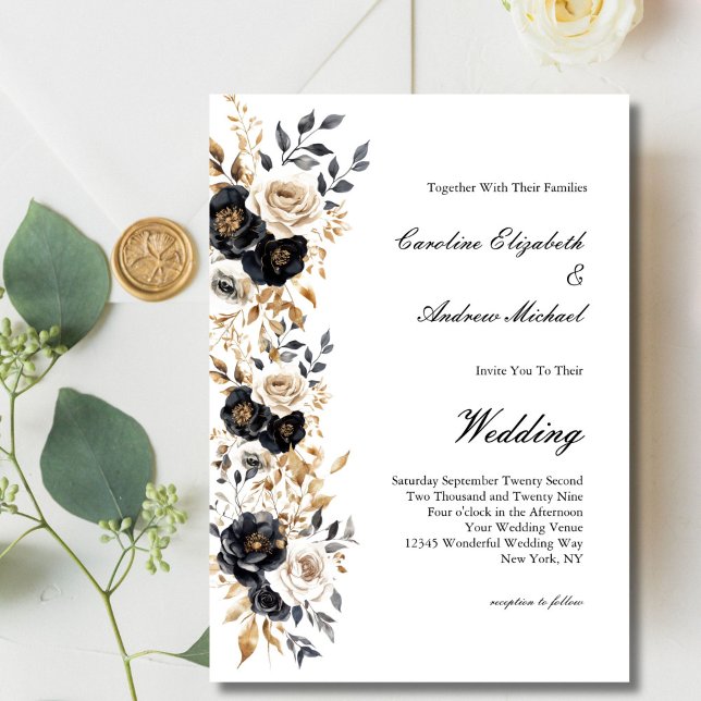 Black Gold White Watercolor Floral Elegant Wedding Invitation (Black Gold White Watercolor Florals Elegant Wedding Invitation. Printed or Digital Download)