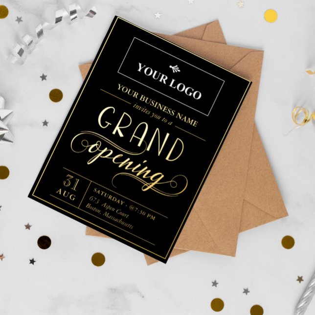 Black & Gold Wide Logo Grand Opening Foil Invitation Postcard (Creator Uploaded)