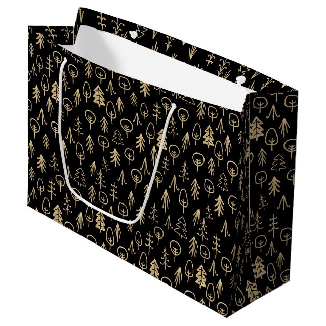 Black Gold Winter Trees Patterned Large Gift Bag (Front Angled)