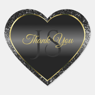 Black Gold with Glitter Initials Cute Thank You Heart Sticker