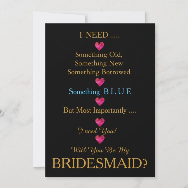 Black & Gold with Heart Will You Be my Bridesmaid  Invitation (Front)