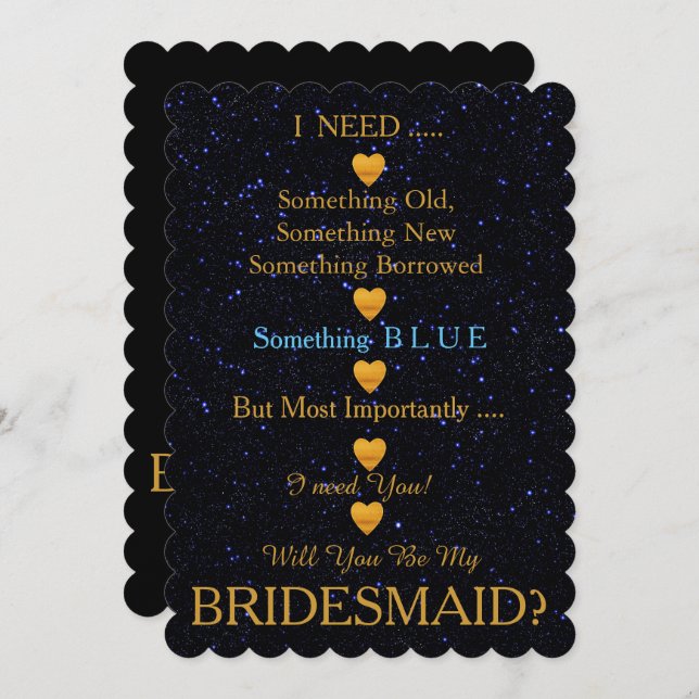 Black & Gold with Heart Will You Be my Bridesmaid  Invitation (Front/Back)