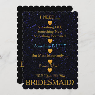 Black & Gold with Heart Will You Be my Bridesmaid  Invitation