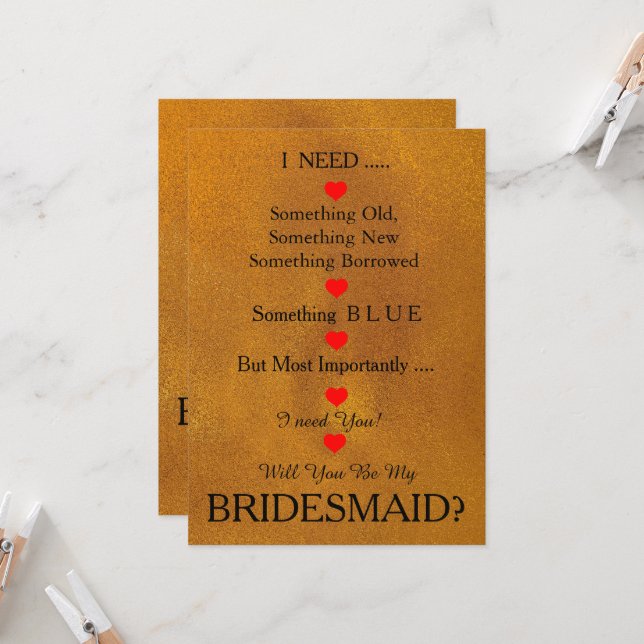 Black & Gold with Heart Will You Be my Bridesmaid Invitation (Front/Back In Situ)
