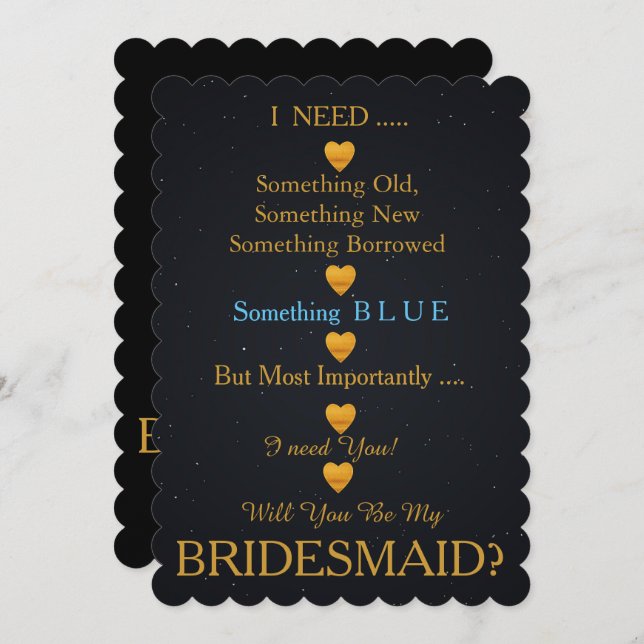 Black & Gold with Heart Will You Be my Bridesmaid  Invitation (Front/Back)