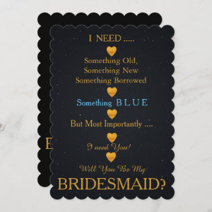 Black & Gold with Heart Will You Be my Bridesmaid Invitation