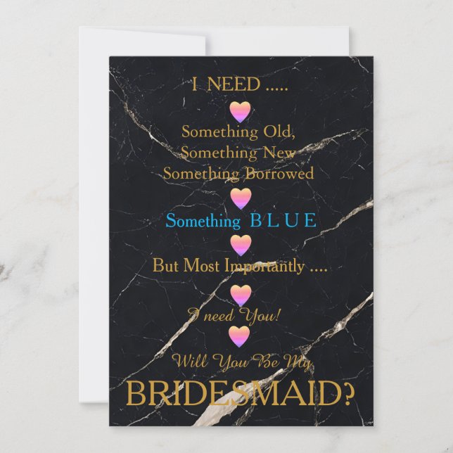 Black & Gold with Heart Will You Be my Bridesmaid Invitation (Front)
