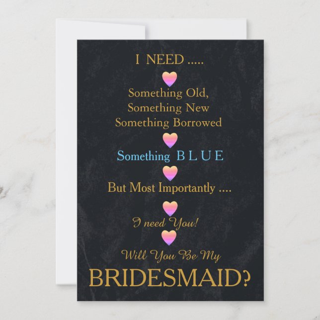Black & Gold with Heart Will You Be my Bridesmaid Invitation (Front)
