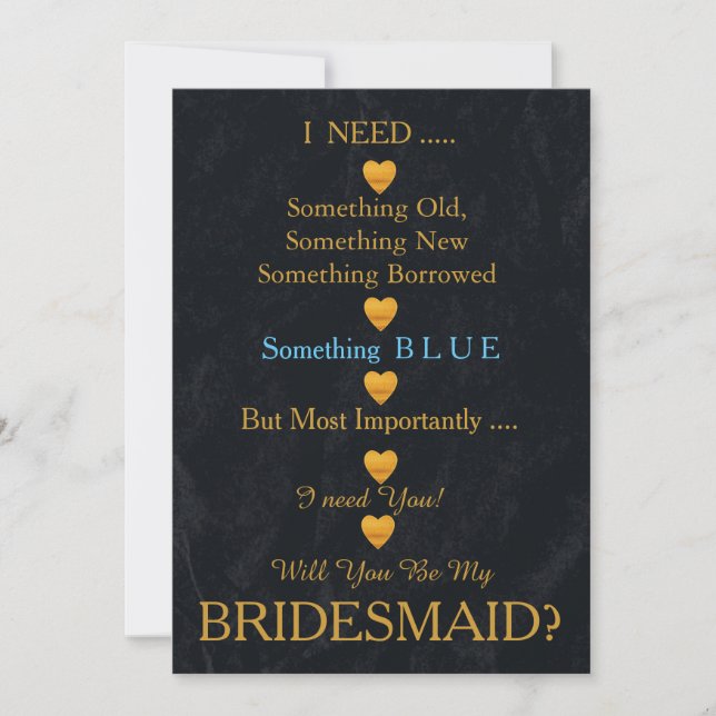 Black & Gold with Heart Will You Be my Bridesmaid Invitation (Front)