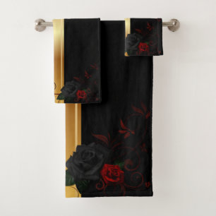 Black gold with roses bath towel set