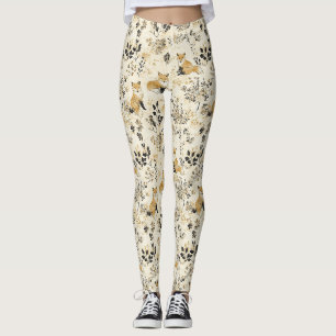 Black Gold Woodland Fox Floral Pattern Leggings