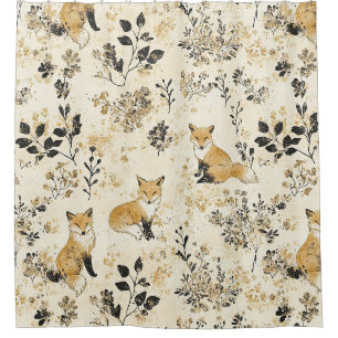 Black Gold Woodland Fox Floral Pattern Shower Curtain