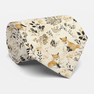 Black Gold Woodland Fox Floral Pattern Tie