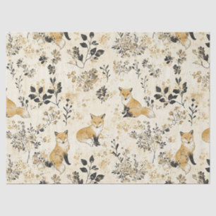 Black Gold Woodland Fox Floral Pattern Tissue Paper