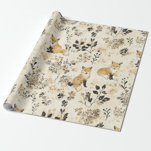 Black Gold Woodland Fox Floral Pattern Wrapping Paper