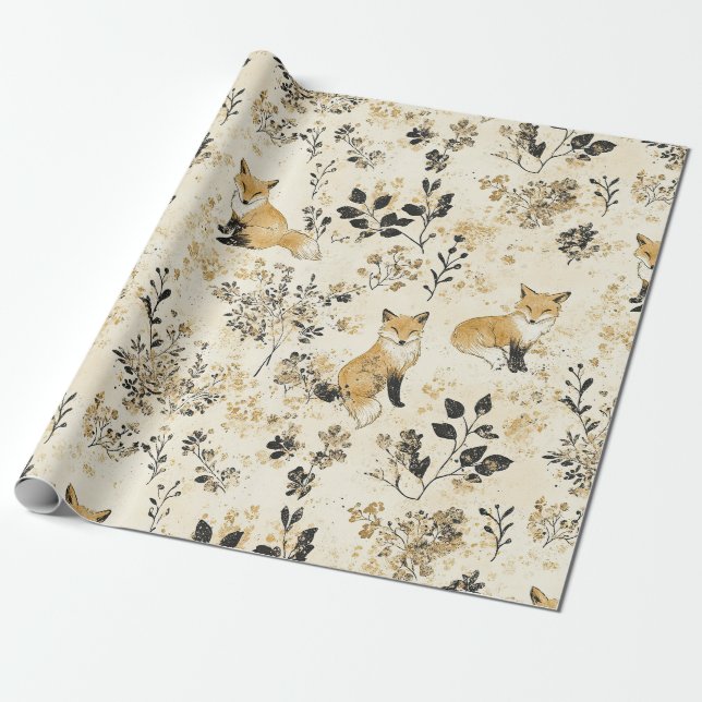 Black Gold Woodland Fox Floral Pattern Wrapping Paper (Unrolled)