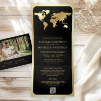 Black Gold World Map QR Code Photo Wedding