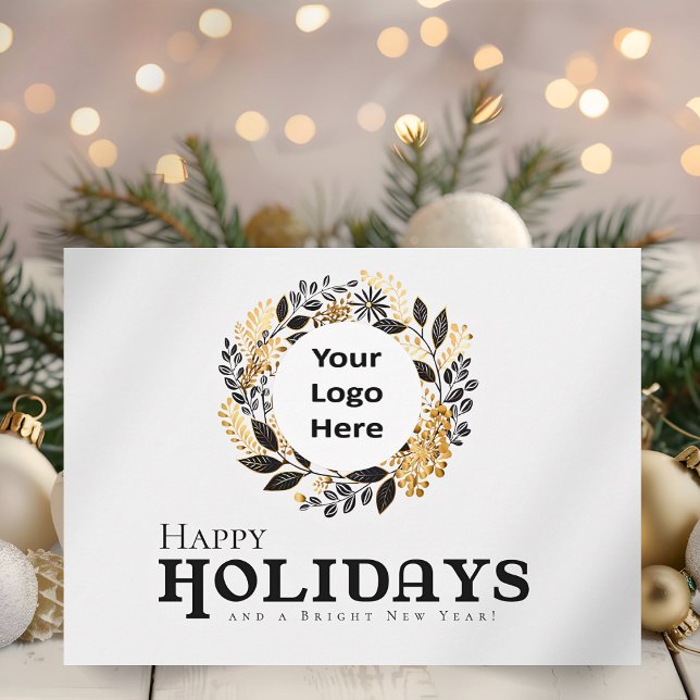 Black Gold Wreath Business Christmas Happy Holiday Card (Black and Gold Wreath Happy Holidays Corporate Business Holiday Card for Customers and Employees)