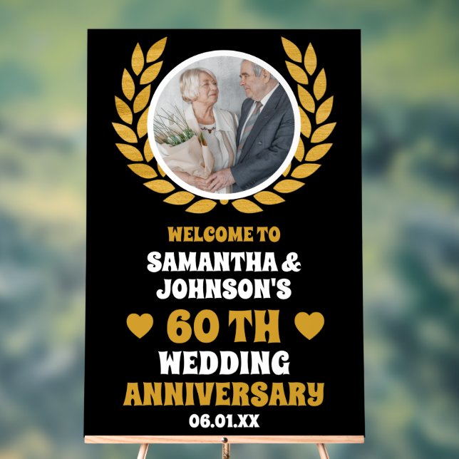 Black Gold Wreath Photo 60th Wedding Anniversary Acrylic Sign (Neutral)