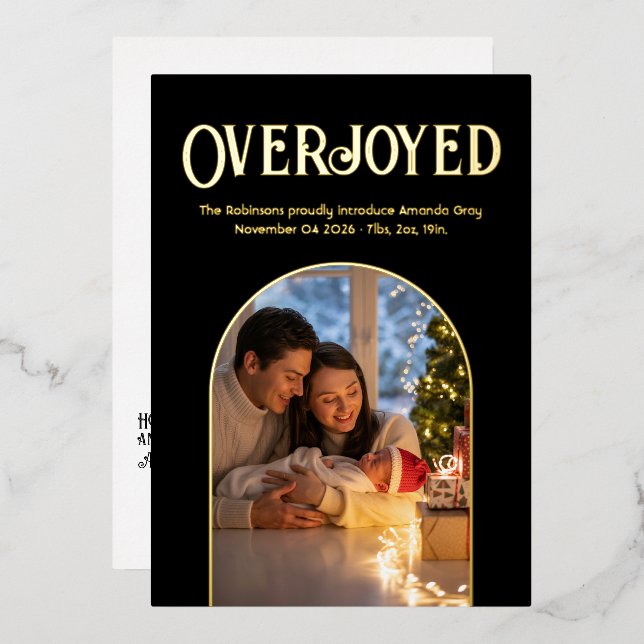 Black & Gold Xmas Baby Birth Announcement Photo (Front/Back)