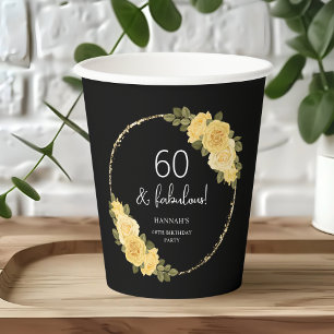Black   Gold & Yellow Floral 60th Birthday Paper Cups