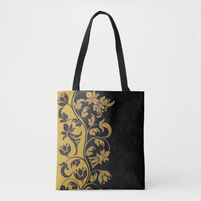 black gold yellow flowers leaves  tote bag (Front)