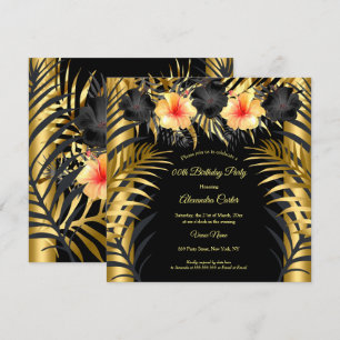 Black Gold yellow Hibiscus Tropical Floral Party Invitation