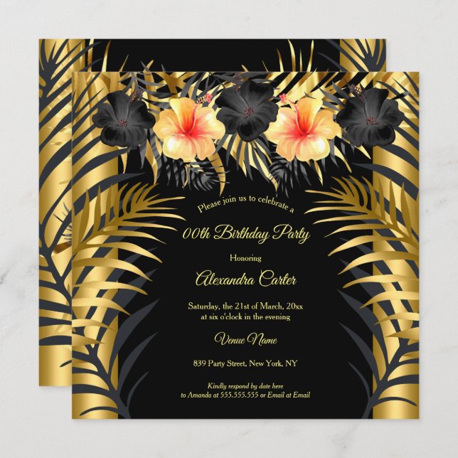Black Gold yellow Hibiscus Tropical Floral Party Invitation (Front/Back)