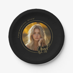 Black Gold Yellow Photo Graduation Paper Plate