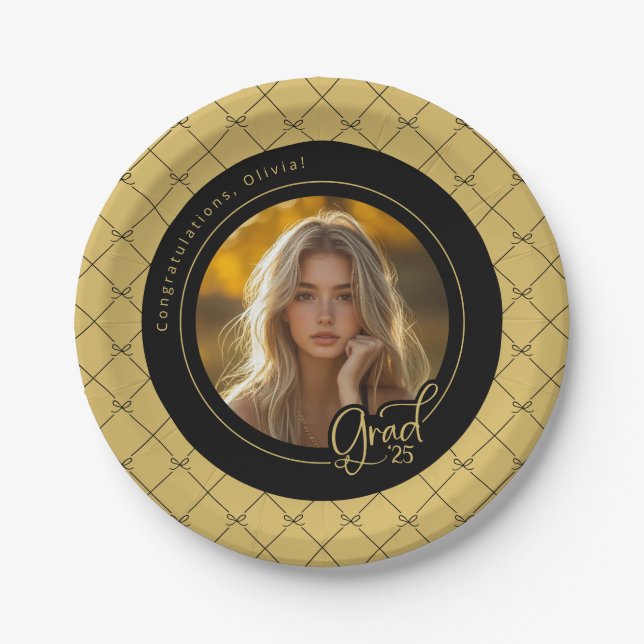 Black Gold Yellow Photo Graduation Paper Plate (Front)