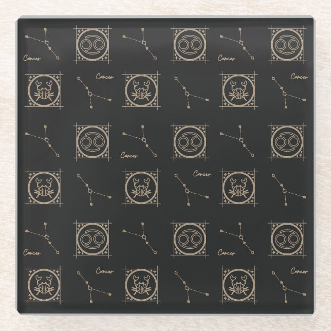 Black & Gold Zodiac Cancer Astrology Star Sign Glass Coaster (Front)