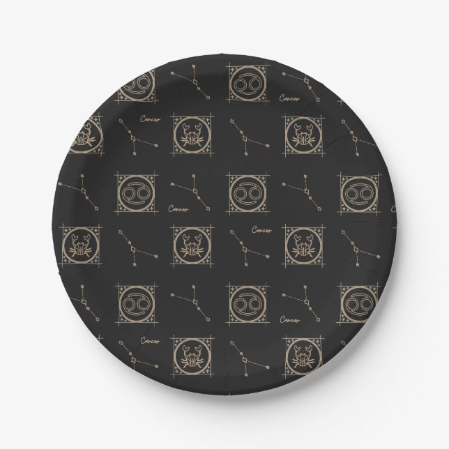 Black & Gold Zodiac Cancer Astrology Star Sign Paper Plate (Front)