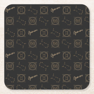 Black & Gold Zodiac Gemini Astrology Star Sign Square Paper Coaster
