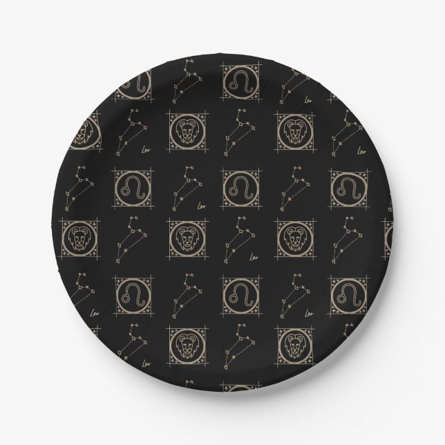 Black & Gold Zodiac Leo Astrology Star Sign Paper Plate (Front)