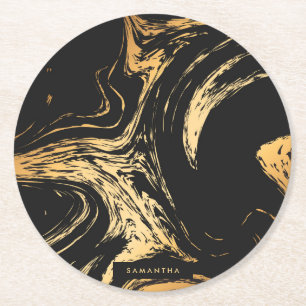 Black & Golden Abstract Round Paper Coaster
