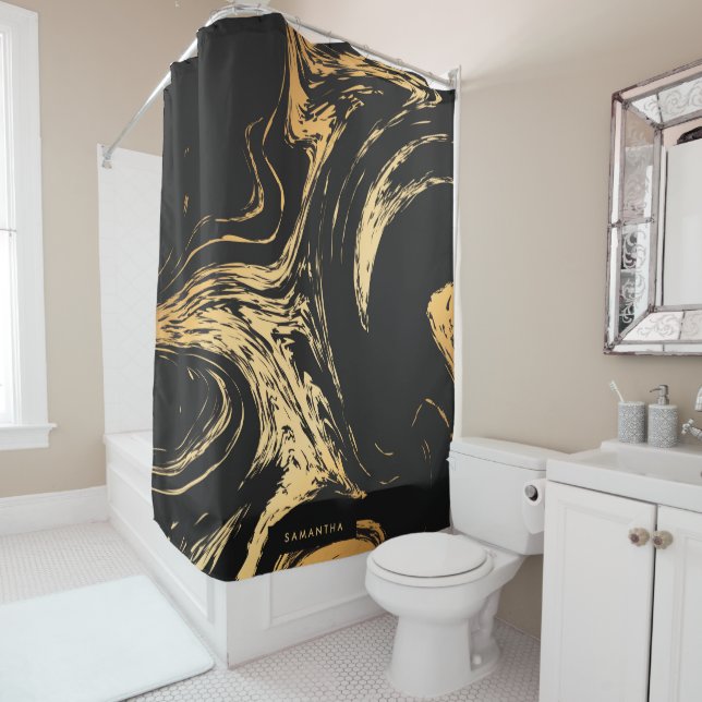 Black & Golden Abstract Shower Curtain (In Situ)