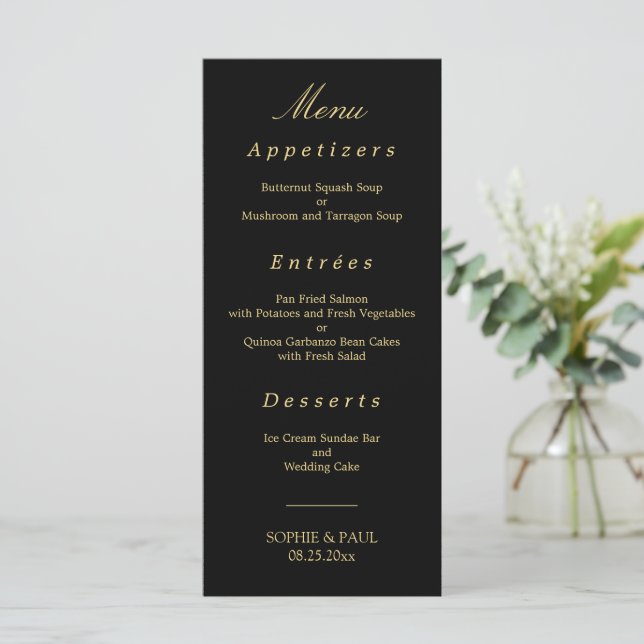Black Golden Beige Elegant Wedding Menu (Standing Front)