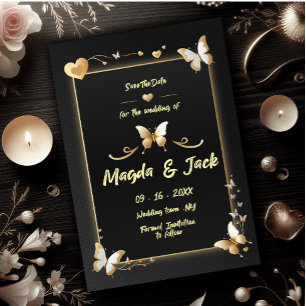 Black Golden butterflies save the date card