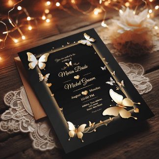 Black Golden butterflies wedding card