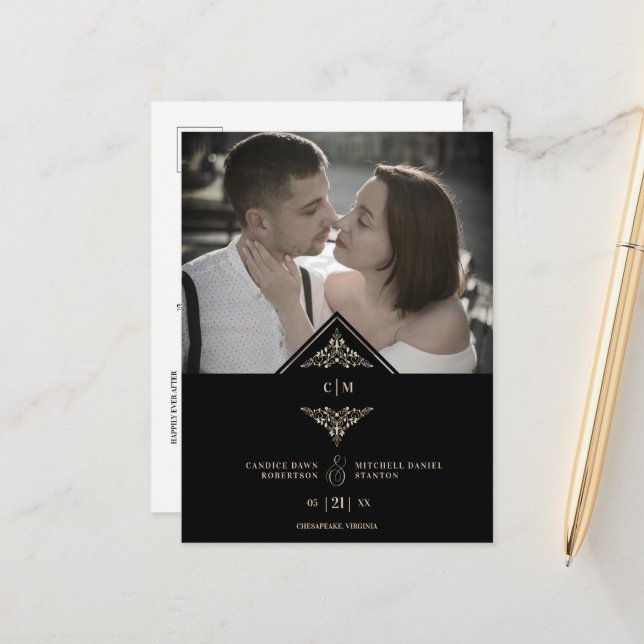Black Golden Chic Lace Romantic Couple Wedding Announcement Postcard (Front/Back In Situ)