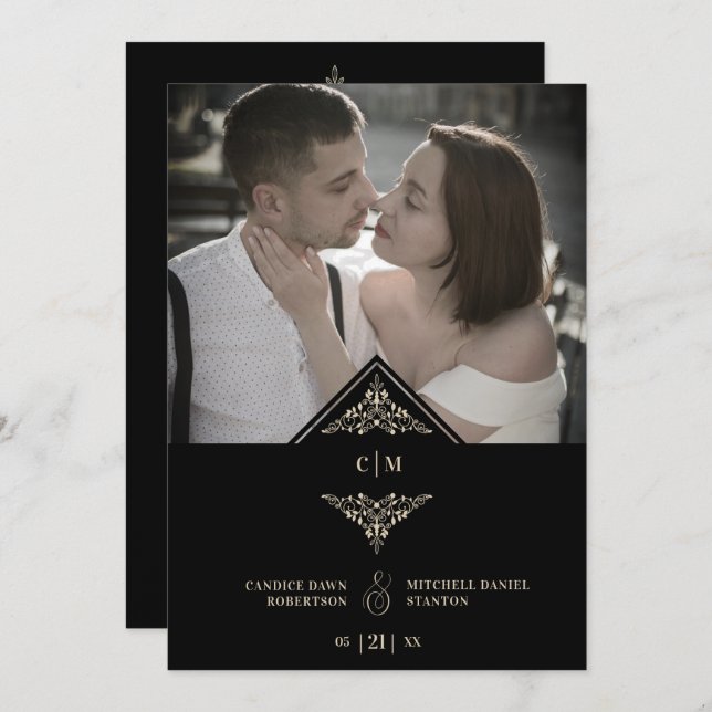 Black Golden Chic Lace Romantic Couple Wedding Invitation (Front/Back)