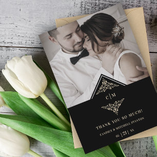 Black Golden Chic Lace Romantic Couple Wedding Thank You Card