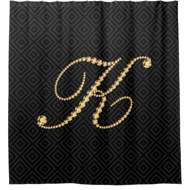 Black & Golden Diamonds Letter K Monogram Shower Curtain (Front)