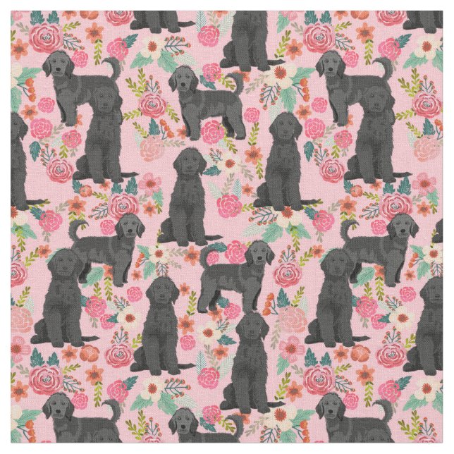 Black Golden Doodle vintage florals pink Fabric (Close Up)