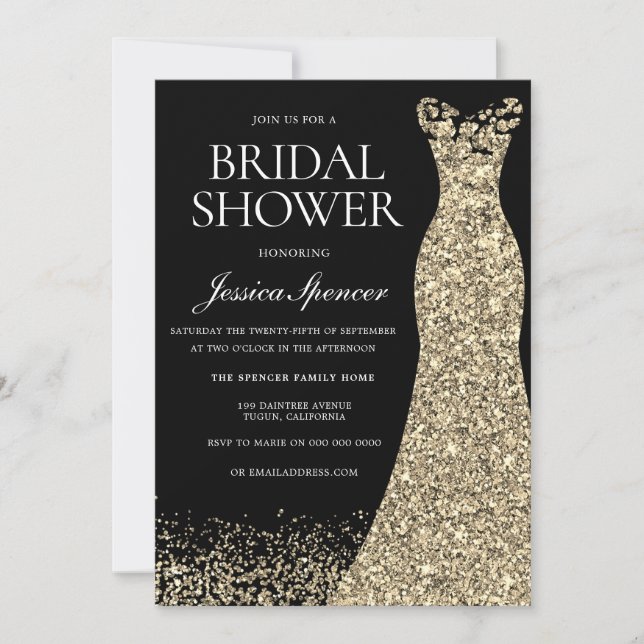 Black Golden Dress Gown Bridal Shower Invitation (Front)